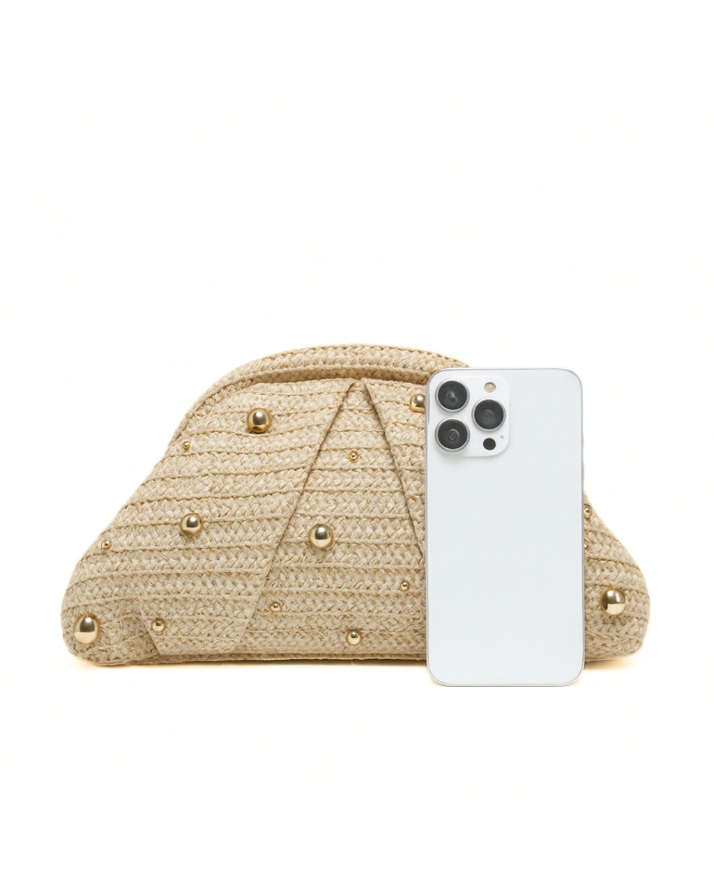 Beige Studded Woven Clutch